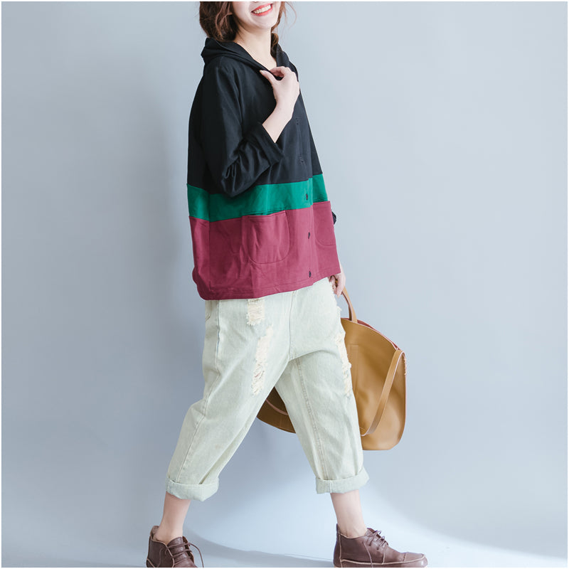 Black Patchwork Chunky Cotton Coats Hooded Outwear