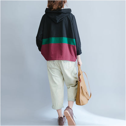 Black Patchwork Chunky Cotton Coats Hooded Outwear