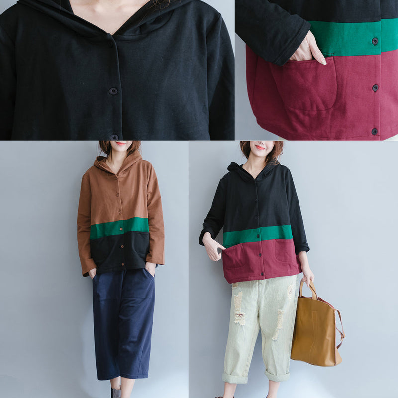 Black Patchwork Chunky Cotton Coats Hooded Outwear