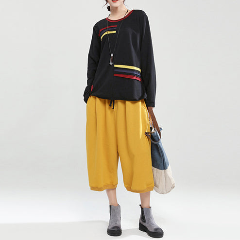 Black Patchwork Oversize Cotton Pullover Tops