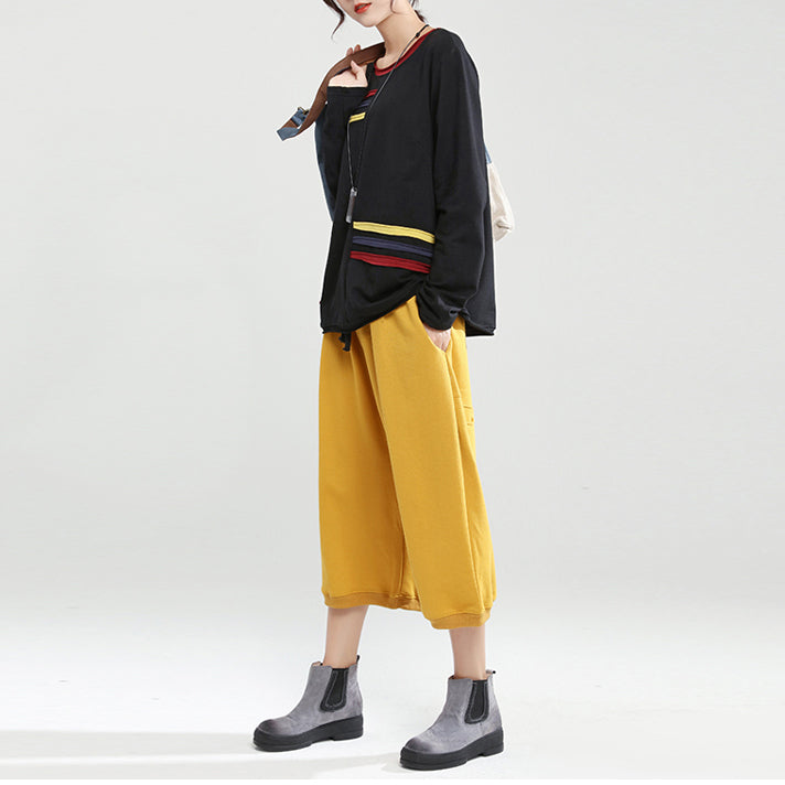 Black Patchwork Oversize Cotton Pullover Tops