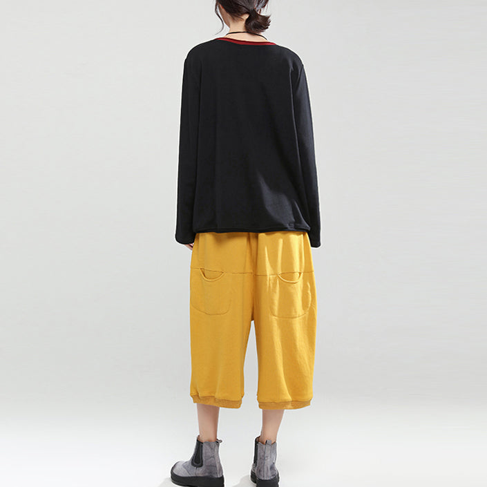 Black Patchwork Oversize Cotton Pullover Tops