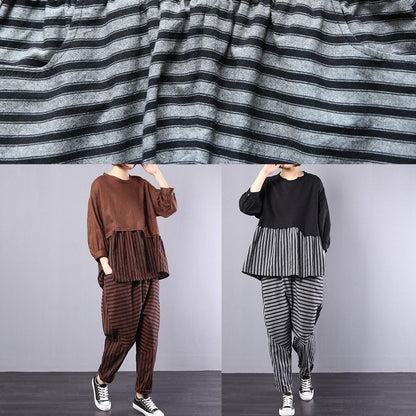 Black Patchwork Striped Two Pieces Cotton Linen Tops and Striped Harem Pants