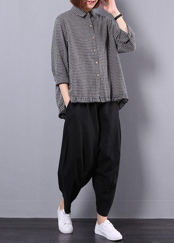Black Plaid Long Sleeve Cotton Linen Blouse With Black Pants Two Pieces