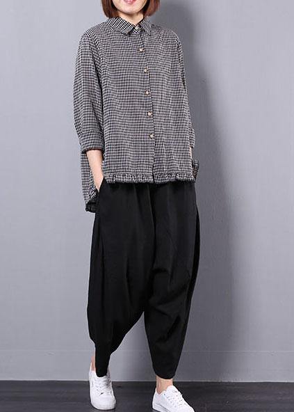 black plaid long sleeve cotton linen blouse with women black pants two pieces