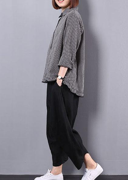 black plaid long sleeve cotton linen blouse with women black pants two pieces