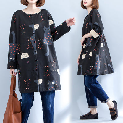 Black Cartoon Prints Cotton Cardigans Long Sleeve O Neck Coat Autumn
