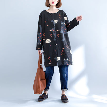 Black Cartoon Prints Cotton Cardigans Long Sleeve O Neck Coat Autumn