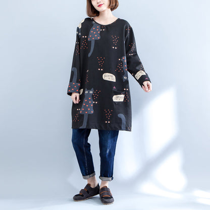 Black Cartoon Prints Cotton Cardigans Long Sleeve O Neck Coat Autumn