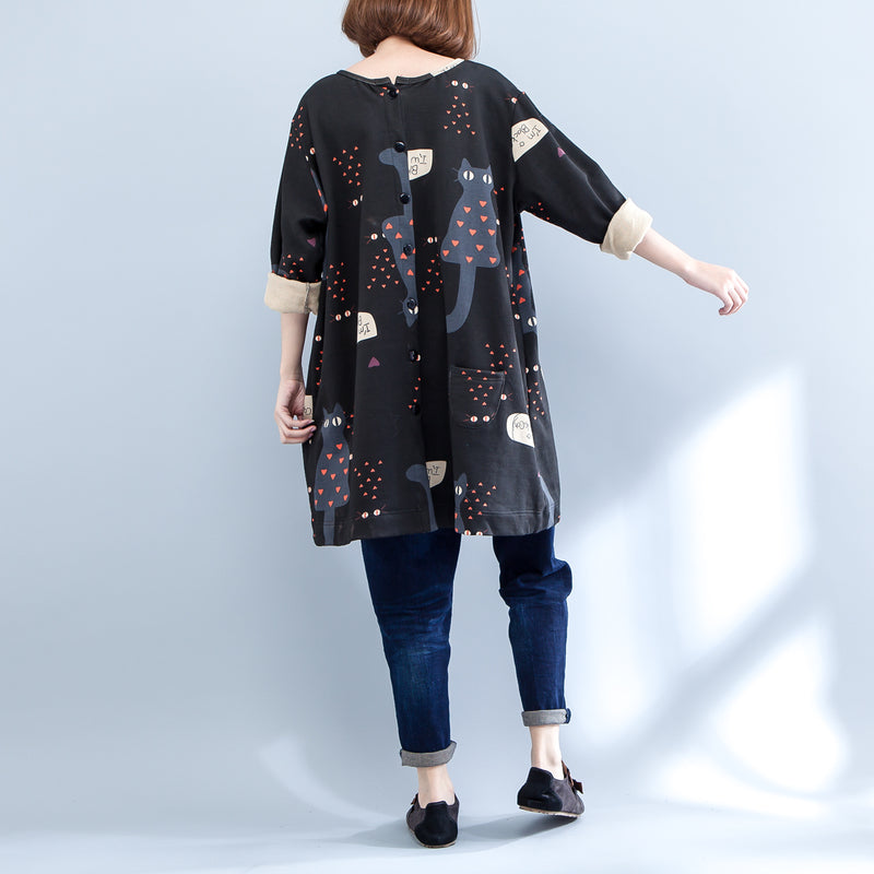 Black Cartoon Prints Cotton Cardigans Long Sleeve O Neck Coat Autumn
