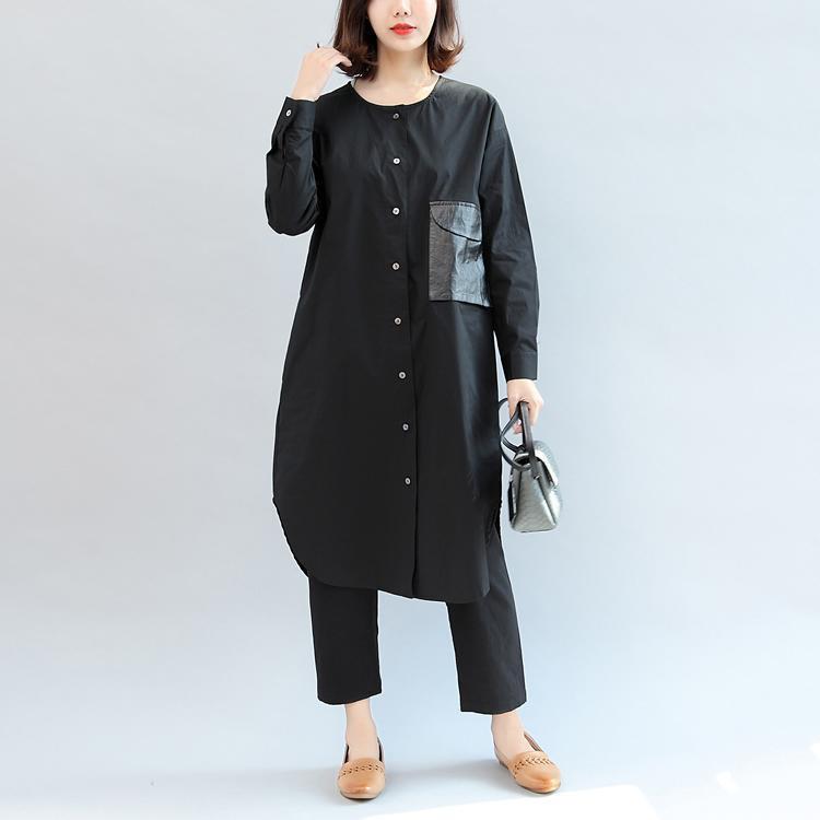 Black Pockets Patchwork Cotton Blouse Oversize O Neck Shirt Dress