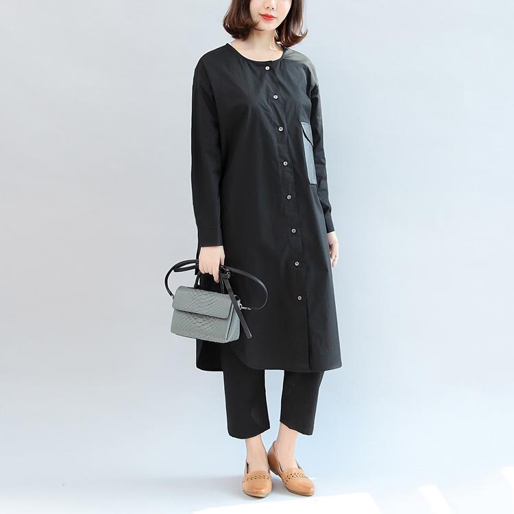 Black Pockets Patchwork Cotton Blouse Oversize O Neck Shirt Dress