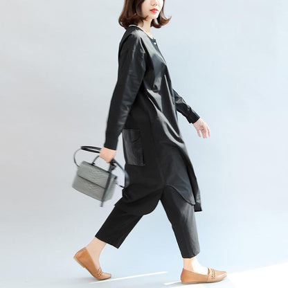 Black Pockets Patchwork Cotton Blouse Oversize O Neck Shirt Dress