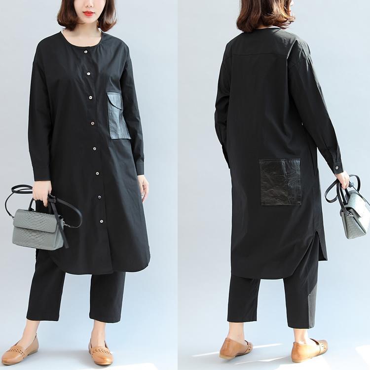 Black Pockets Patchwork Cotton Blouse Oversize O Neck Shirt Dress