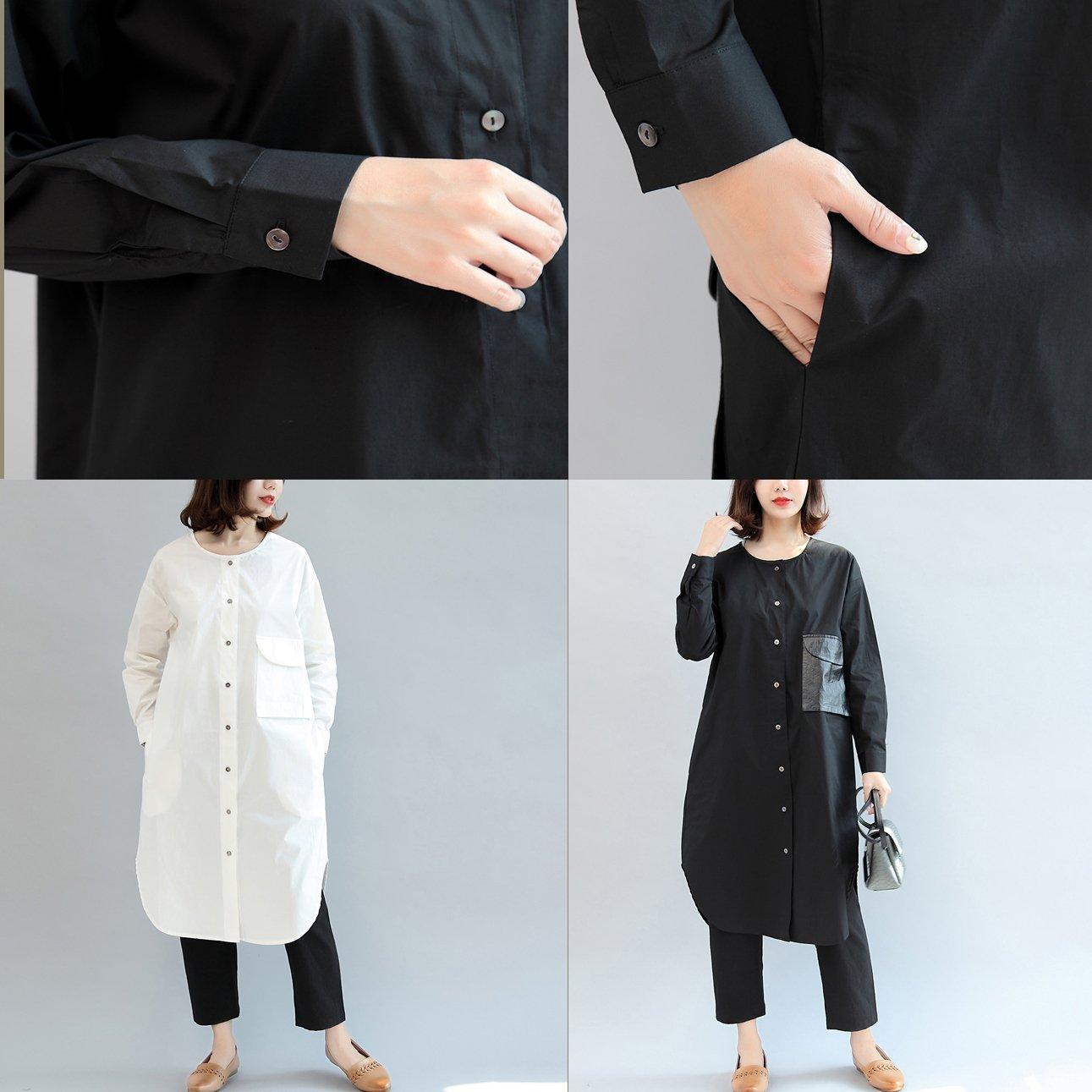 Black Pockets Patchwork Cotton Blouse Oversize O Neck Shirt Dress