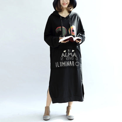 Black Print Cotton Dresses Hooded Thick Side Open Dress