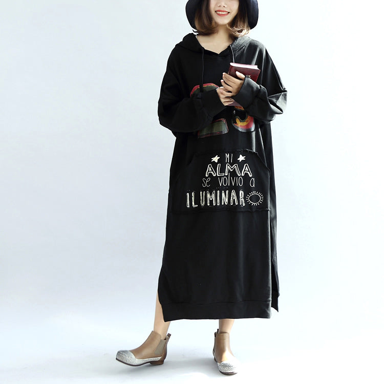 Black Print Cotton Dresses Hooded Thick Side Open Dress