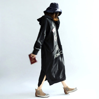 Black Print Cotton Dresses Hooded Thick Side Open Dress