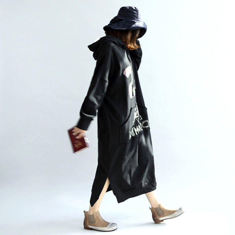 Black Print Cotton Dresses Hooded Thick Side Open Dress