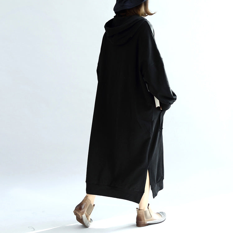 Black Print Cotton Dresses Hooded Thick Side Open Dress