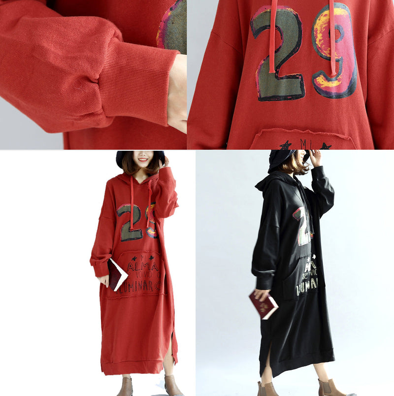 Black Print Cotton Dresses Hooded Thick Side Open Dress