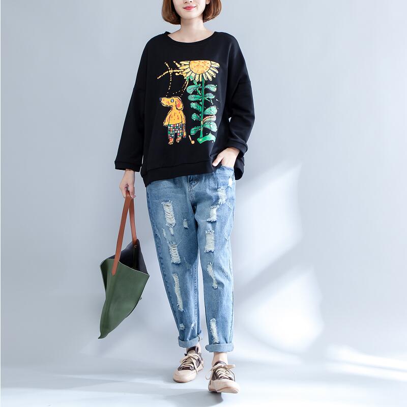 Black Print Cotton O Neck T Shirt Long Sleeve Blouse