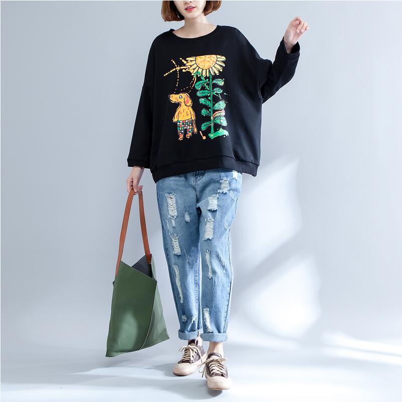 Black Print Cotton O Neck T Shirt Long Sleeve Blouse