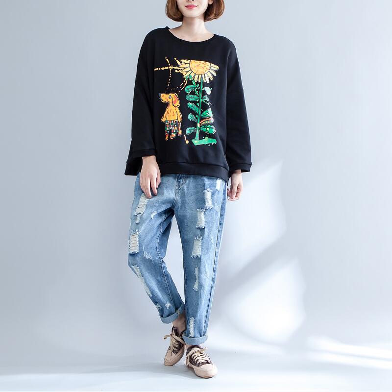 Black Print Cotton O Neck T Shirt Long Sleeve Blouse