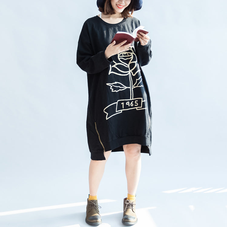 Black Rose Print Cotton Dresses Oversized Spring Pullover Dress