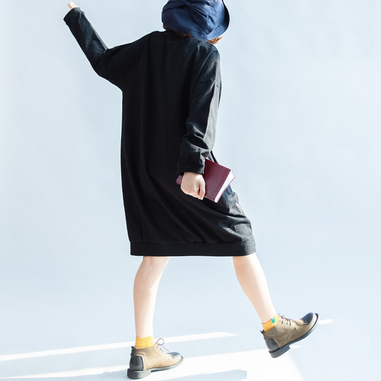 Black Rose Print Cotton Dresses Oversized Spring Pullover Dress