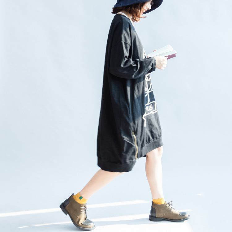 Black Rose Print Cotton Dresses Oversized Spring Pullover Dress
