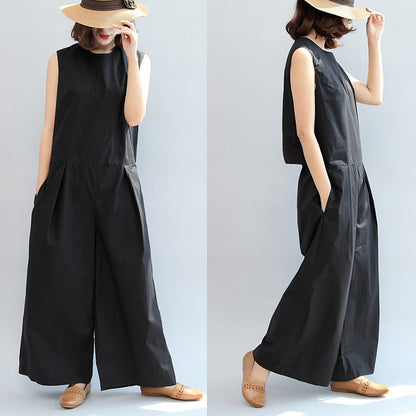 Black Stylish Linen Pants Sleeveless Tops and Loose Jumpsuit Pants