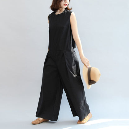 Black Stylish Linen Pants Sleeveless Tops and Loose Jumpsuit Pants