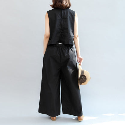 Black Stylish Linen Pants Sleeveless Tops and Loose Jumpsuit Pants