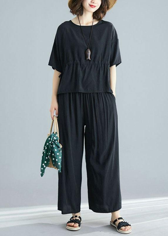Black Summer Short Sleeve Pullover and Drawstring Pants Two Pieces