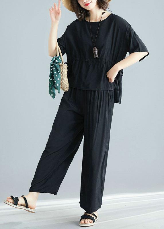Black Summer Short Sleeve Pullover and Drawstring Pants Two Pieces