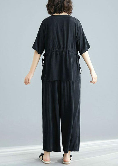 Black Summer Short Sleeve Pullover and Drawstring Pants Two Pieces