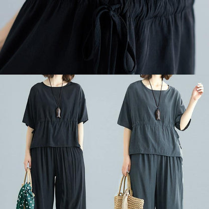 Black Summer Short Sleeve Pullover and Drawstring Pants Two Pieces