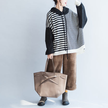 Black Thick Warm Striped Patchwork Woolen Knit Tops Chunky Oversize Hooded Pullover
