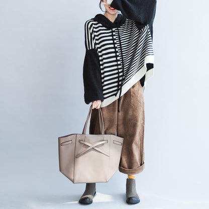 Black Thick Warm Striped Patchwork Woolen Knit Tops Chunky Oversize Hooded Pullover