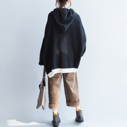 Black Thick Warm Striped Patchwork Woolen Knit Tops Chunky Oversize Hooded Pullover