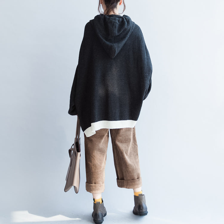 Black Thick Warm Striped Patchwork Woolen Knit Tops Chunky Oversize Hooded Pullover