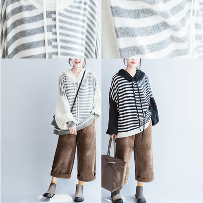 Black Thick Warm Striped Patchwork Woolen Knit Tops Chunky Oversize Hooded Pullover