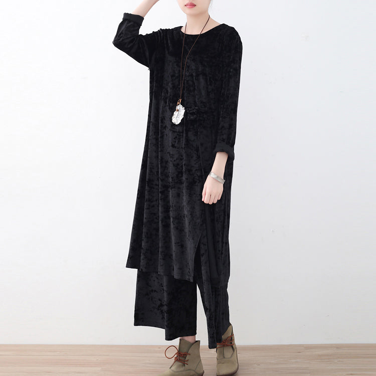Black Two Pieces Autumn Oversize Corduroy Pullover With Cozy Wide Leg Pants