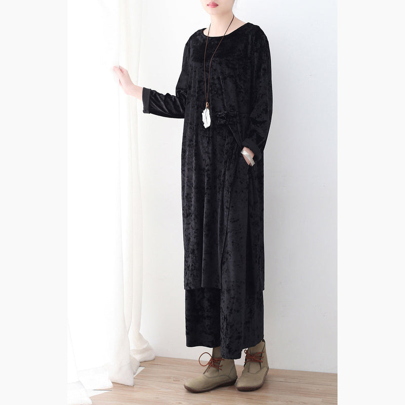 Black Two Pieces Autumn Oversize Corduroy Pullover With Cozy Wide Leg Pants