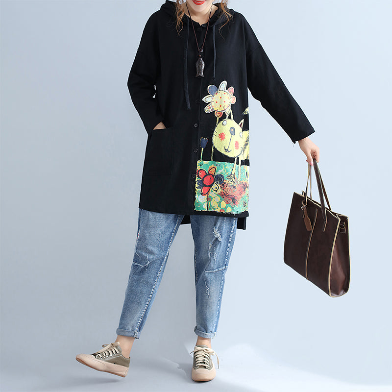 Black Warm Cotton Hooded Cardigan Prints Oversize Long Sleeve Trench Coats