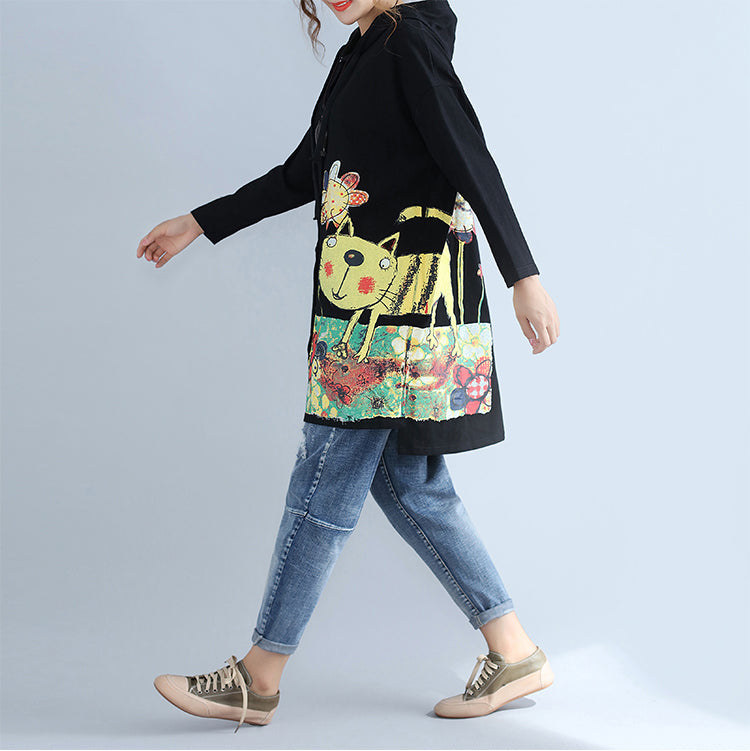 Black Warm Cotton Hooded Cardigan Prints Oversize Long Sleeve Trench Coats