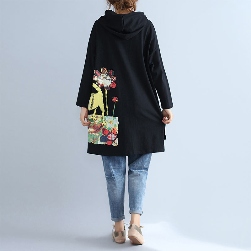 Black Warm Cotton Hooded Cardigan Prints Oversize Long Sleeve Trench Coats