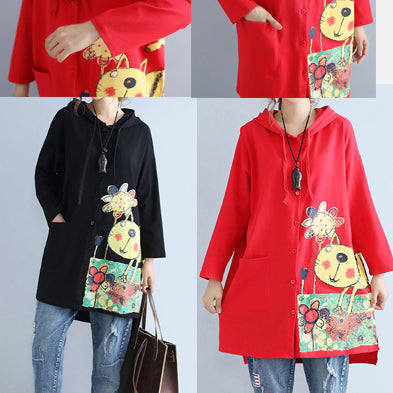 Black Warm Cotton Hooded Cardigan Prints Oversize Long Sleeve Trench Coats