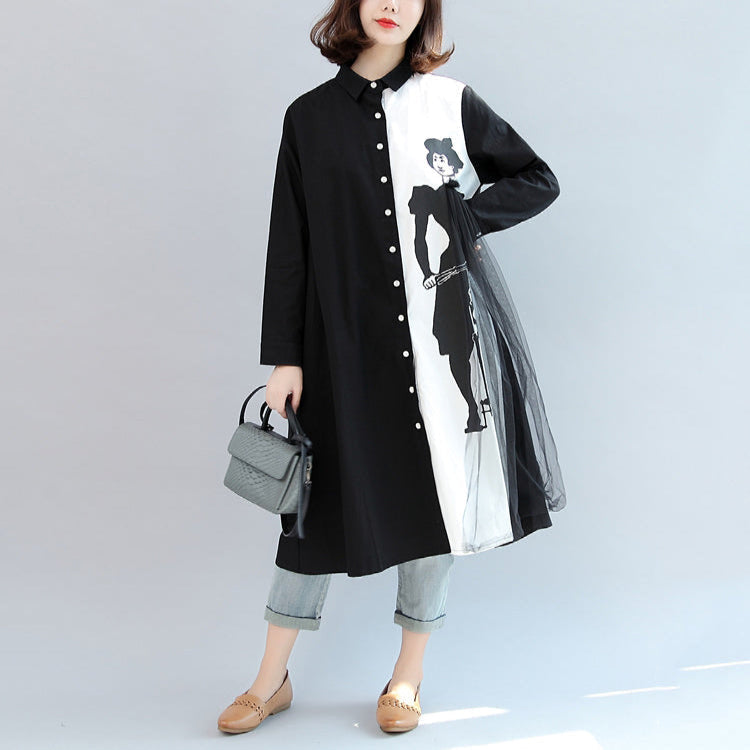 Black White Patchwork Cotton Outwear Oversize Long Sleeve Cardigans